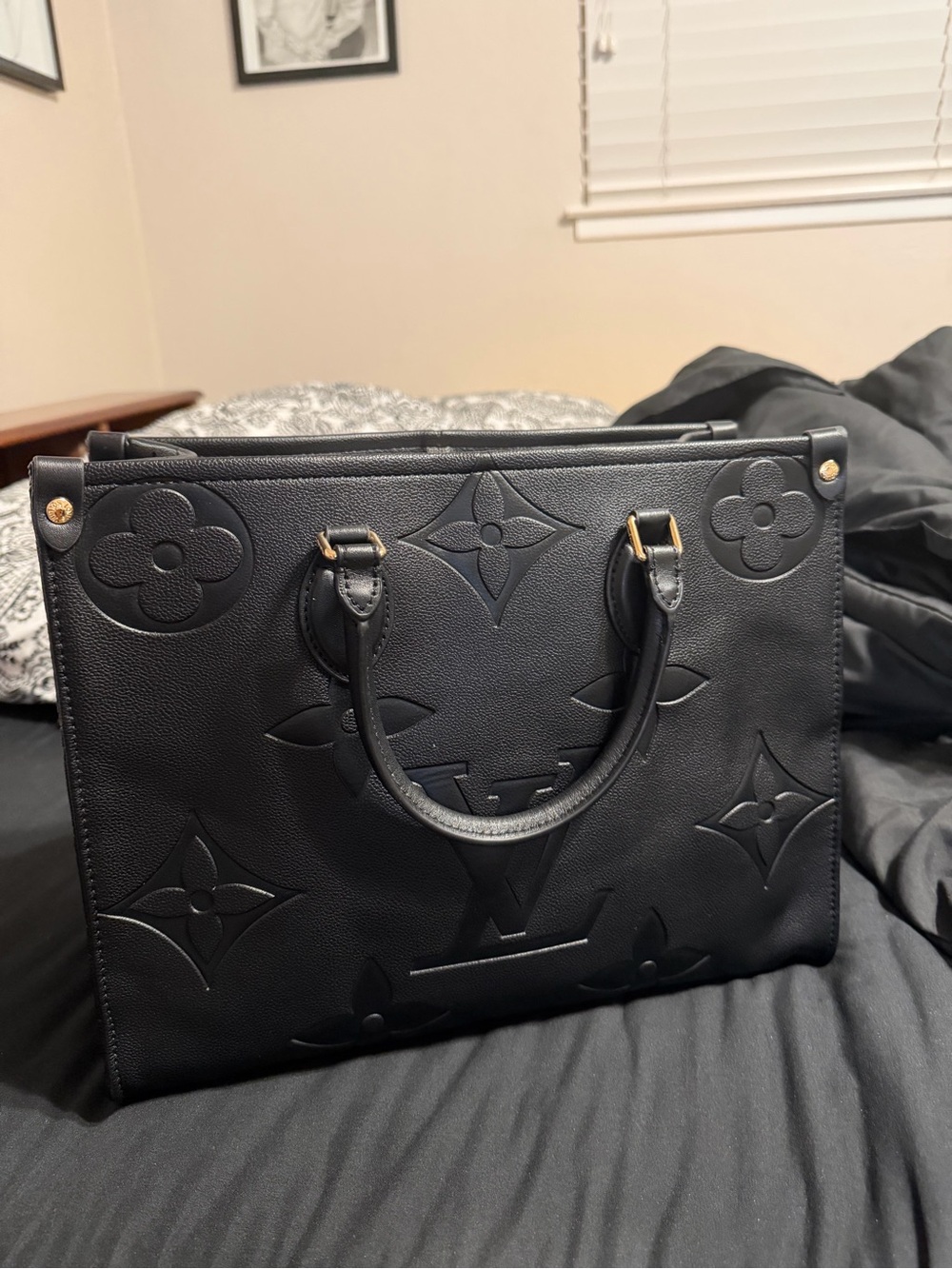 Black Embossed Monogram Tote with Gold Accents